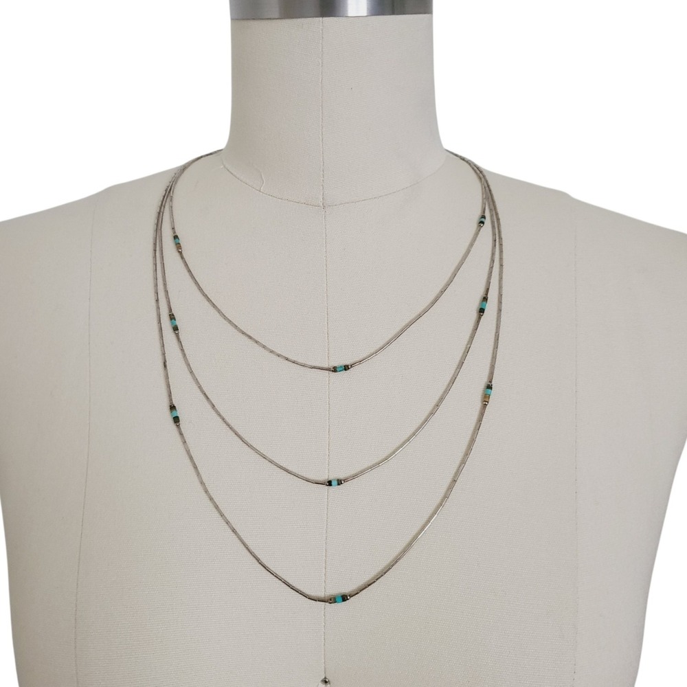 VTG Southwest Sterling 925 Liquid Silver 3 Strand Turquoise Onyx Necklace 24"